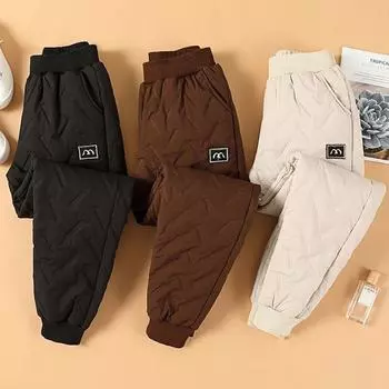 Вышитые буквы, утолщенные шаровары из овечьей шерсти, теплые свободные женские брюки с высокой талией, повседневные женские брюки для зимы S чёрный