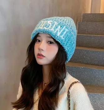 Вышитые буквы вязаная шапка женская осень и зима утолщенная большая окружность головы тренд универсальный показать ценность шапочка