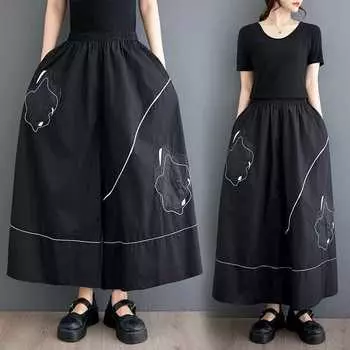 Вышитые цветы, универсальные свободные повседневные брюки, эластичный пояс, тонкие широкие брюки, женские one size чёрный