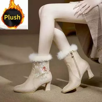 Вышитые цветы женские кожаные ботильоны на высоком каблуке с меховой подкладкой винтажные зимние сапоги для женщин короткие сапоги 35 бежевый