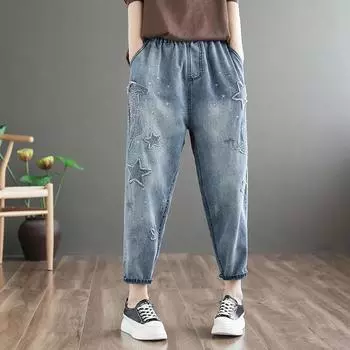 Вышитые джинсовые шаровары женские весенне-осенние свободные повседневные брюки с эластичной резинкой на талии в стиле ретро с девятью точками XXXL синий