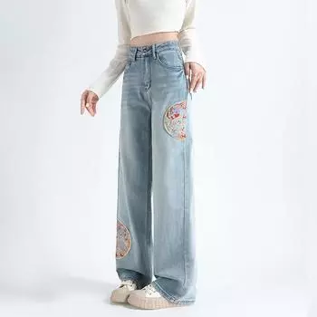 Вышитые джинсы женские весенние узкие широкие прямые брюки с высокой талией XS