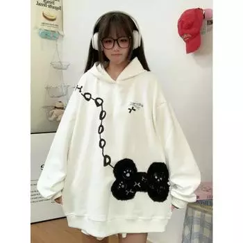 Вышитые гладью женские толстовки большого размера с капюшоном Y2k Одежда женская одежда #осеньзима гранж харадзюку панк 2000-е S чёрный