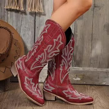 Вышитые ковбойские сапоги для женщин до колена средней длины икры винтажные ковбойские сапоги в стиле вестерн женские туфли на каблуке осенний блочный каблук D350 36