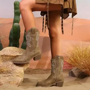 Вышитые ковбойские сапоги для женщин, осенние сапоги с острым носком и толстым каблуком, высокие сапоги до колена, женские свободные длинные сапоги из искусственной кожи 36 коричневый
