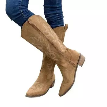 Вышитые ковбойские сапоги для женщин, осенние сапоги с острым носком и толстым каблуком, высокие сапоги до колена, женские свободные длинные сапоги из искусственной кожи 36 хаки