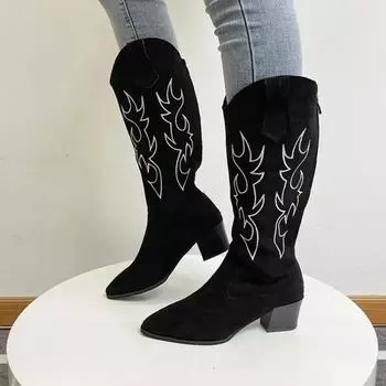 Вышитые ковбойские сапоги для женщин, высокие до колена, средний толстый каблук, острый носок, ретро-классические ковбойские сапоги в стиле вестерн на высоком каблуке 35 светло-коричневого