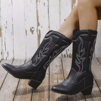 Вышитые ковбойские сапоги в стиле вестерн 2024 осень/зима высокие сапоги на толстом каблуке с заостренным рукавом рыцарские сапоги 36 белый