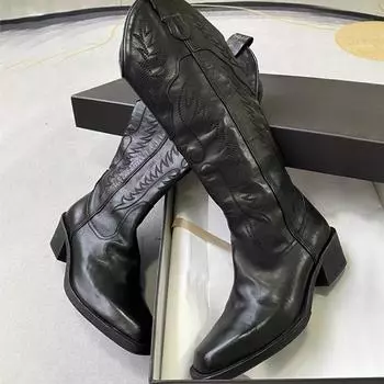 Вышитые ковбойские сапоги в стиле вестерн из коровьей кожи, женские ретро-сапоги из старой кожи, высокие рыцарские сапоги 35 чёрный