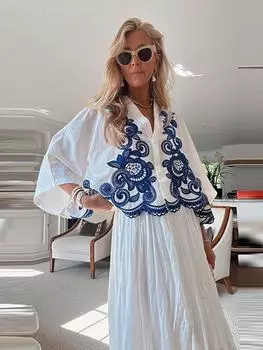 Вышитые рубашки с рукавами «летучая мышь» и юбками, женские однобортные свободные эластичные универсальные костюмы с контрастным V-образным вырезом L