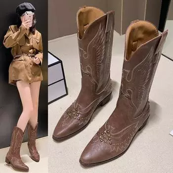 Вышитые рыцарские сапоги средней длины в китайском стиле с толстым каблуком и заостренными рукавами 35 коричневый