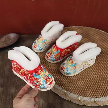 Вышитые сапоги для девочек в китайском стиле, новые модные зимние плюшевые детские хлопковые сапоги, детская обувь в народном стиле, красные, белые 25 белый