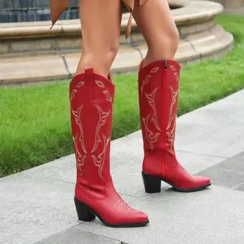 Вышитые сапоги для женщин в ковбойском стиле, высокие сапоги на толстом каблуке, женские сапоги в стиле вестерн на молнии, осенне-зимняя обувь 43 35
