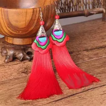 Вышитые серьги с кисточками в стиле ретро, длинные этнические серьги с кисточками в этническом стиле 12cm зелёный