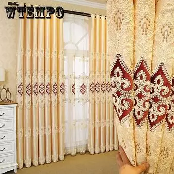 Вышитые шторы для гостиной, балкона, спальни, напольная занавеска, европейская полная затемняющая занавеска для двери, карниз 170*270cm*2pcs жёлтый