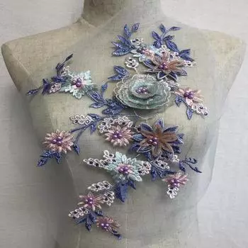 Вышитые тканевые наклейки, свадебное платье, танцевальное платье с блестками, трехмерное кружево со стразами и бисером, нашивка для одежды, аксессуары, цветочная сетчатая ткань 40*24cm бежевый