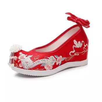 Вышитые туфли Бахрома Обувь ханьфу Антикварные туфли сюхэ Китайские внутренние высокие туфли из ткани 34