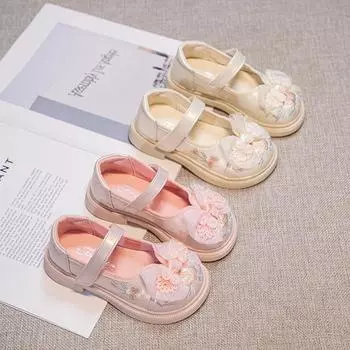 Вышитые туфли для девочек, детские кожаные туфли для вечеринки, свадьбы, мягкая подошва, модные детские туфли принцессы с цветами и бантом 26 розовый
