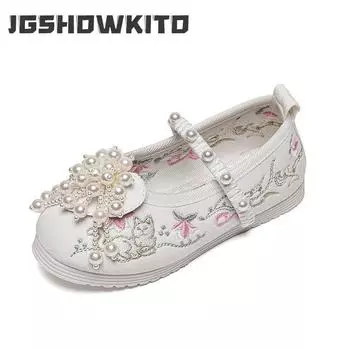 Вышитые туфли для девочек, традиционная китайская праздничная тканевая обувь для детей, модная этническая обувь принцессы с подвеской из жемчуга и бисера, милая 25 розовый