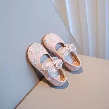 Вышитые туфли для девочек в китайском стиле в стиле ретро Hanfu, новые туфли на мягкой подошве, детская кожаная обувь для костюма принцессы 26 розовый