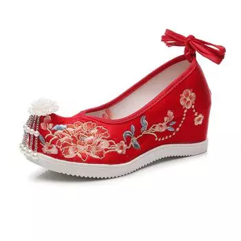Вышитые туфли Новые туфли ханьфу с бахромой в древнекитайском стиле 6 см внутренняя часть увеличивающая рост тканевая обувь 34