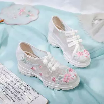 Вышитые туфли в этническом стиле, обувь в стиле ханьфу в старинном стиле, женские туфли на танкетке, дышащая сетчатая обувь EU40/CN41 белый