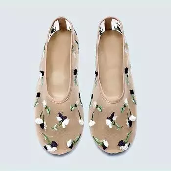 Вышитые вручную цветы, сетчатые балетки с ажурным узором, женские летние дышащие балетки Мэри Джейн, элегантные мокасины 35 абрикосовый