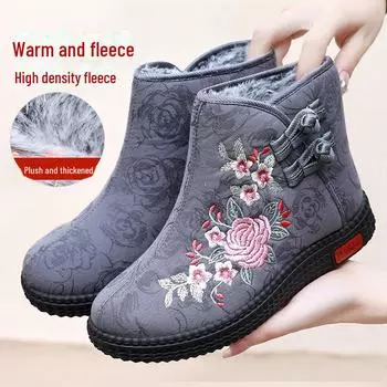 Вышитые высокие сапоги: Теплая, нескользящая, хлопковая обувь с мягкой подошвой для пожилых людей — этнический стиль, идеально подходит для зимы 39 серый