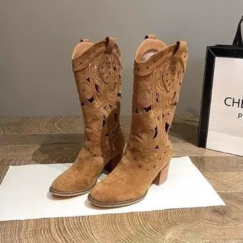 Вышитые замшевые сапоги на толстом каблуке в стиле вестерн для женщин, модные повседневные сапоги на мягкой подошве для весны и осени, женские сапоги в стиле рыцарь 35