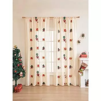 Вышитые занавески цвета хаки с изображением Санта-Клауса на шесте, занавески для создания праздничной и праздничной атмосферы 140x245&Fixed Pleat бежевый