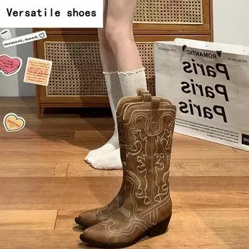 Вышитые женские ковбойские сапоги в стиле вестерн, модные длинные рыцарские сапоги с квадратным каблуком, обувь на осень-зиму 35