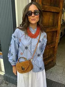 Вышитые женские рубашки с длинным рукавом-фонариком, женские топы на весну и лето S синий