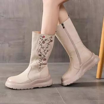 Вышитые женские сапоги из натуральной кожи, ботильоны ручной работы на толстой подошве, женская обувь на танкетке, сапоги до середины голени на платформе 225 бежевый
