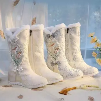 Вышитые женские сапоги, обувь ханьфу, зимние высокие женские сапоги, теплые туфли с вышитым цветочным узором пиона, женская тканевая обувь 35 белый