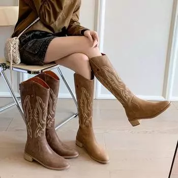 Вышитые женские сапоги в стиле ковбойши с застежкой-молнией сзади, длинные сапоги рыцаря на квадратном каблуке, осенне-зимняя обувь 35 коричневый