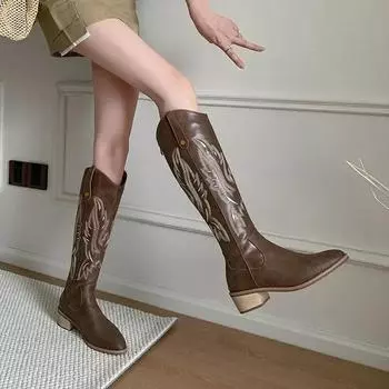 Вышитые женские сапоги в стиле вестерн, модные элегантные туфли с острым носком и молнией сзади, женские длинные сапоги в рыцарском стиле на квадратном каблуке 35