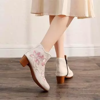 Вышитые женские зимние сапоги в этническом стиле, осенние и зимние женские хлопковые зимние сапоги, высокие женские сапоги на высоком каблуке 5 бежевый