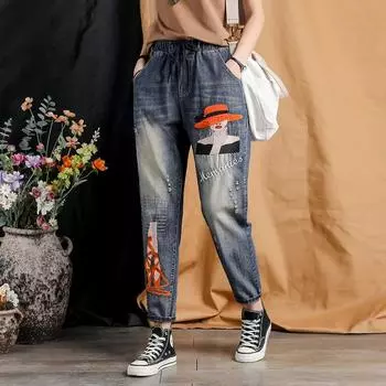 Вышитый эластичный пояс узкие джинсы-карандаш шаровары женские джинсовые брюки с высокой талией большие размеры 3XL летние осенние джинсовые брюки S синий