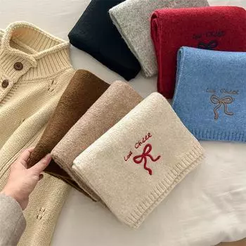 Вышитый бант из трикотажной пряжи шарф для женщин зимой Высококачественный модный универсальный однотонный студенческий теплый шарф 170 * 25cm бежевый