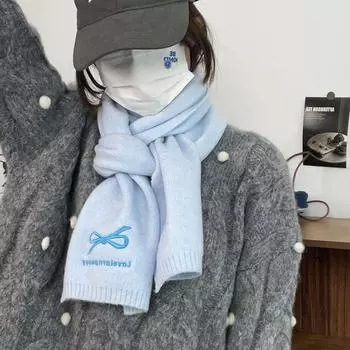 Вышитый бант вязаный шарф женский однотонный мягкий восковой теплый утолщенный студенческий шарф Tide серый