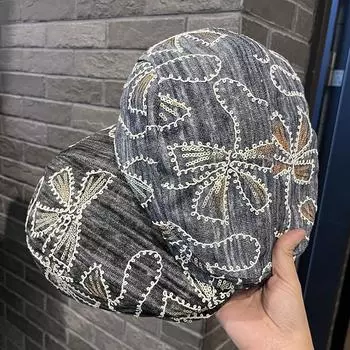 Вышитый блестками цветок берет детский высокого класса чувство показывает лицо маленькой весны и осени стирать джинсовую шляпу вперед прилив M56-58cm чёрный