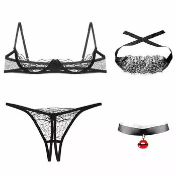 Вышитый бюстгальтер с открытой грудью, открытый шаговый чокер, сексуальный комплект нижнего белья, шорты, чокер, глаз [ONE LADY] для женщин и T-Back (Бюстгальтер & & & Маска, Бесплатно)