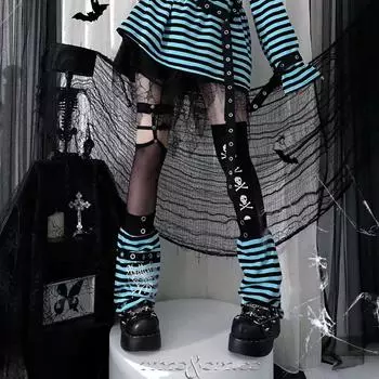 Вышитый черно-красный полосатый панк-топ с открытыми плечами - Длинный рукав One Size