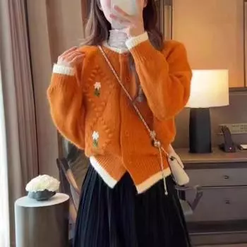 Вышитый цветочный свитер для женщин, однотонный женский кардиган с длинными рукавами, короткие верхние вязаные свитера на осень One Size покинуть белый