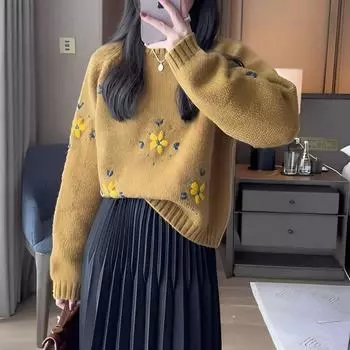 Вышитый цветочный свитер-пуловер женский дизайн Sense Niche осень и зима корейский ленивый стиль вязаный топ one size серый