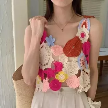 Вышитый цветочный вязаный крючком топ-майка многоцветный ажурный трикотажный укороченный топ-майка женский летний новый наряд Fairycore Cottagecore One Size оранжевый