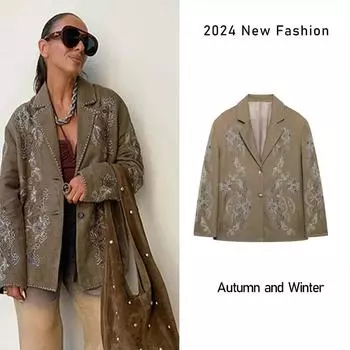 Вышитый цветок бисерный пиджак пальто женский шикарный роскошный однобортный свободный отложной воротник куртка 2024 осень винтажная верхняя одежда XS