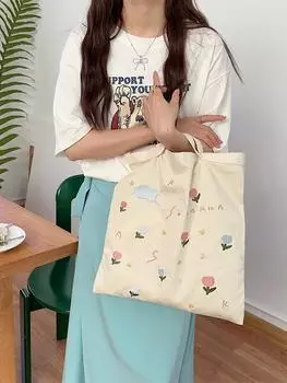 Вышитый цветок Повседневный ленивый стиль Художественная ручная сумка через плечо Сумка для покупок Холщовая сумка Школьная сумка