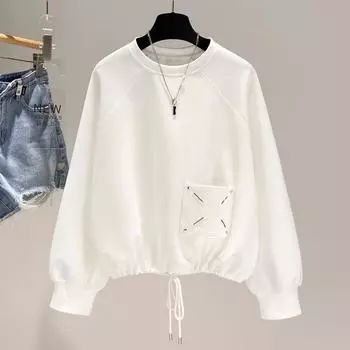 Вышитый дизайн пуловер свитшот женский однотонный круглый вырез длинный рукав повседневный свободный весна XL белый