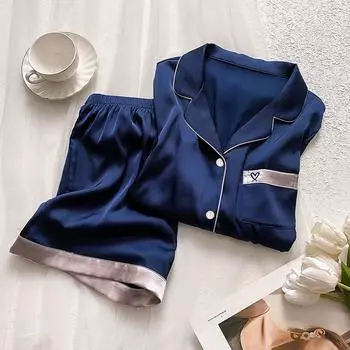 Вышитый графический женский пижамный комплект из искусственного шелка и атласа, комплект из двух частей, шорты, женская удобная домашняя пижама, одежда M